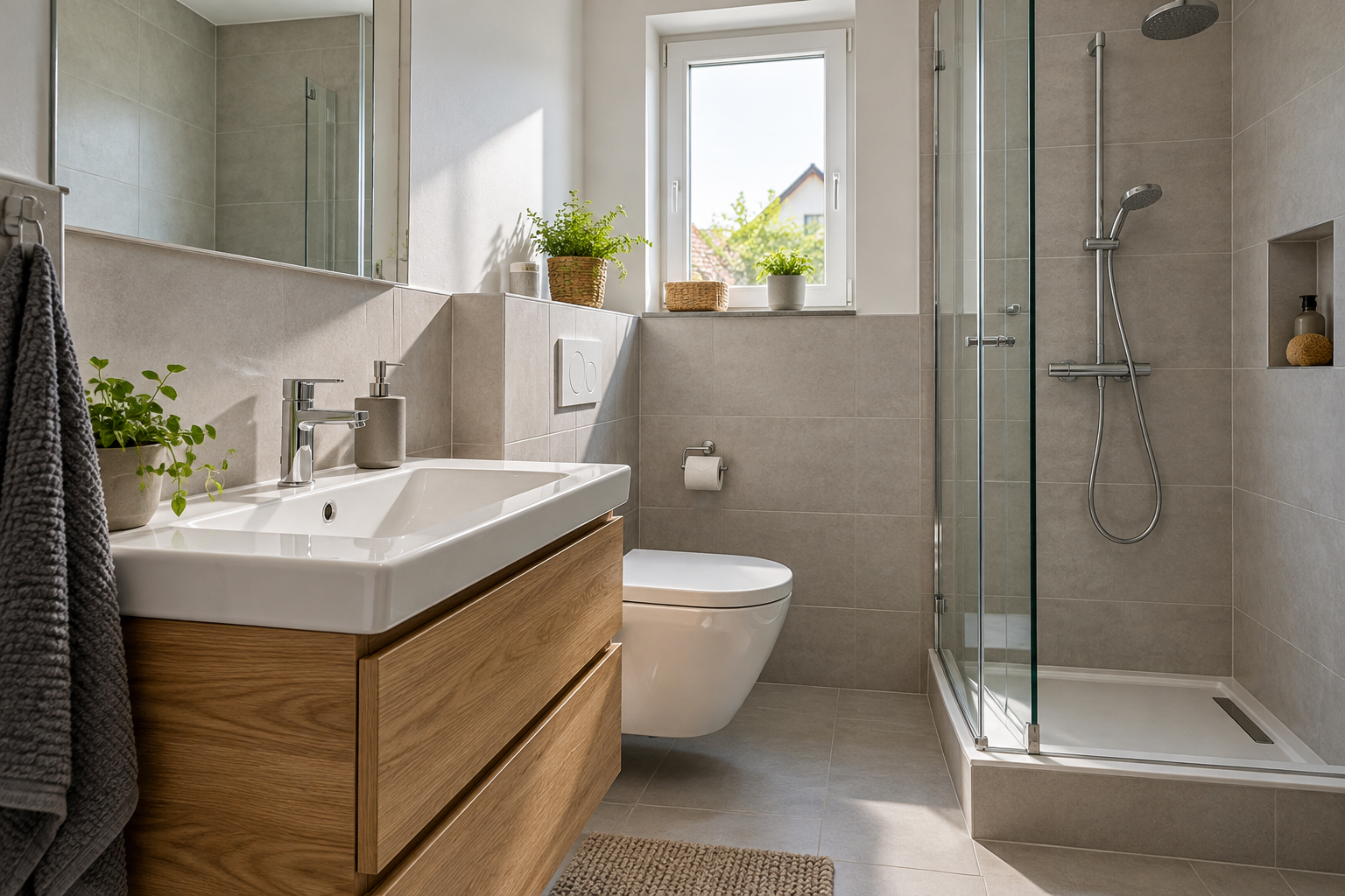 Schlichtes Badezimmer mit Dusche, Waschtisch und hellen Fliesen